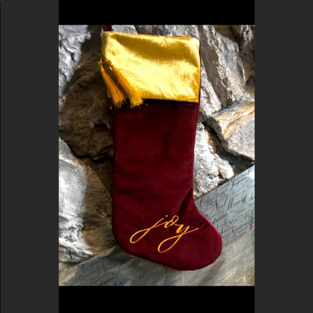 CHRISTMAS STOCKING JOY BURGUNDY & GOLD W/FREE GIFT